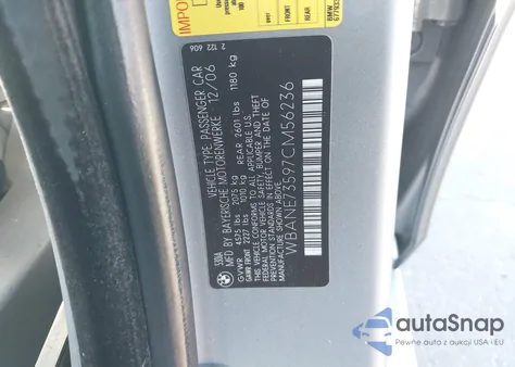 2007 BMW 530I из США, поврежденный, VIN WBANE73597CM56236